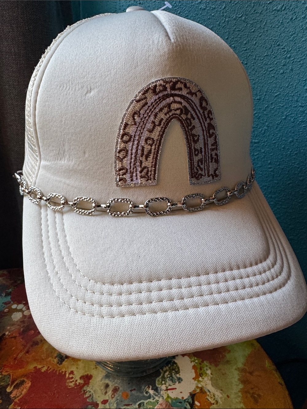 Leopard Horseshoe Trucker Hat with Silver Chain Detail